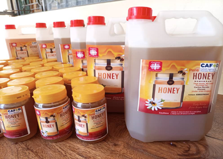  Processed and packaged honey ready for distribution at the apiary processing unit in Lorengechora Subcounty, Napak District